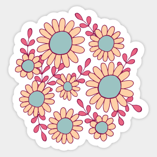 Retro 70s daisy flowers botanical design in green, pink and blue Sticker